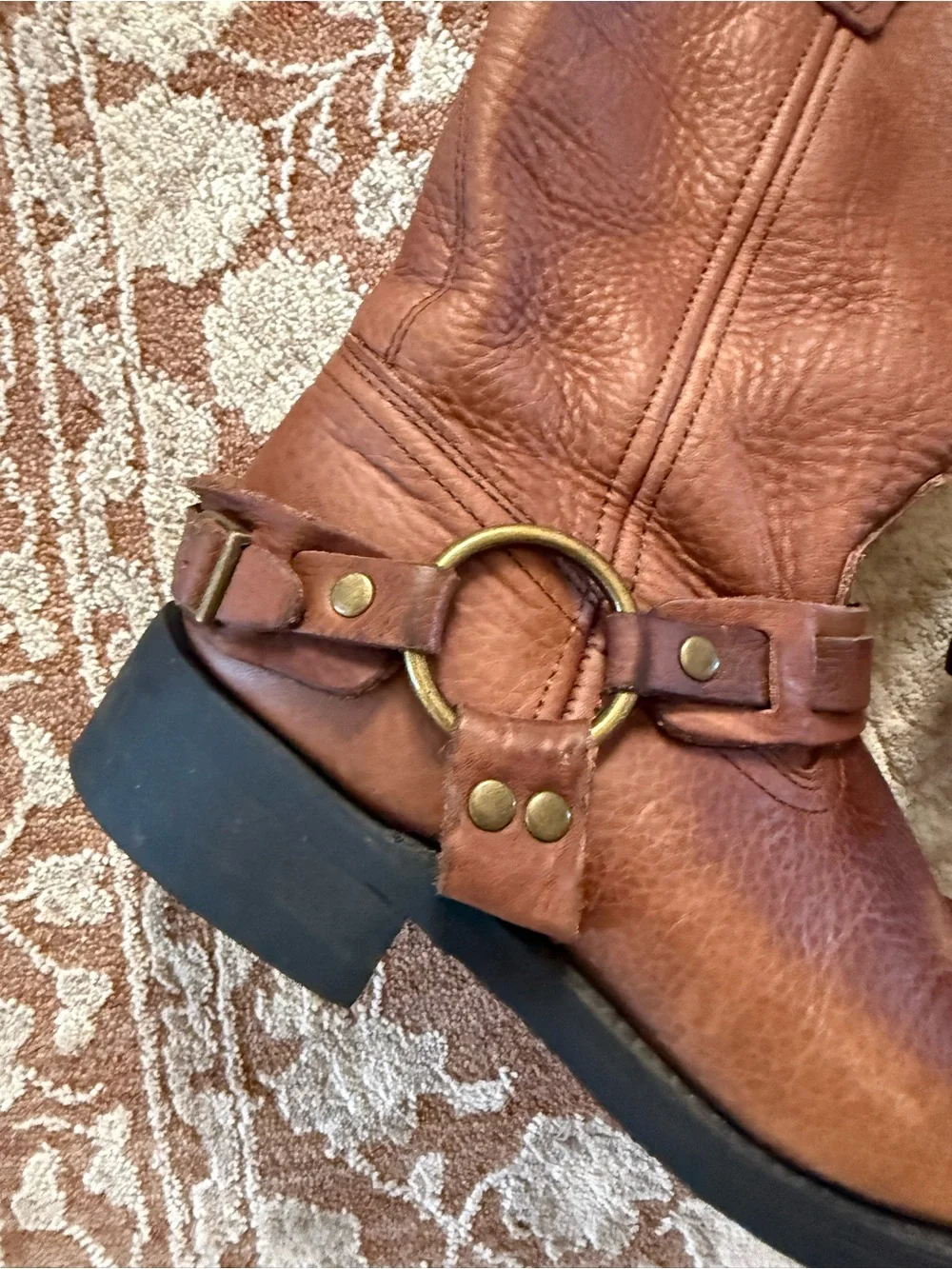 Brown Square toe leather harness boots sz 9.5